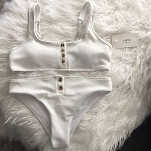 Padded ribbed texture button bikini